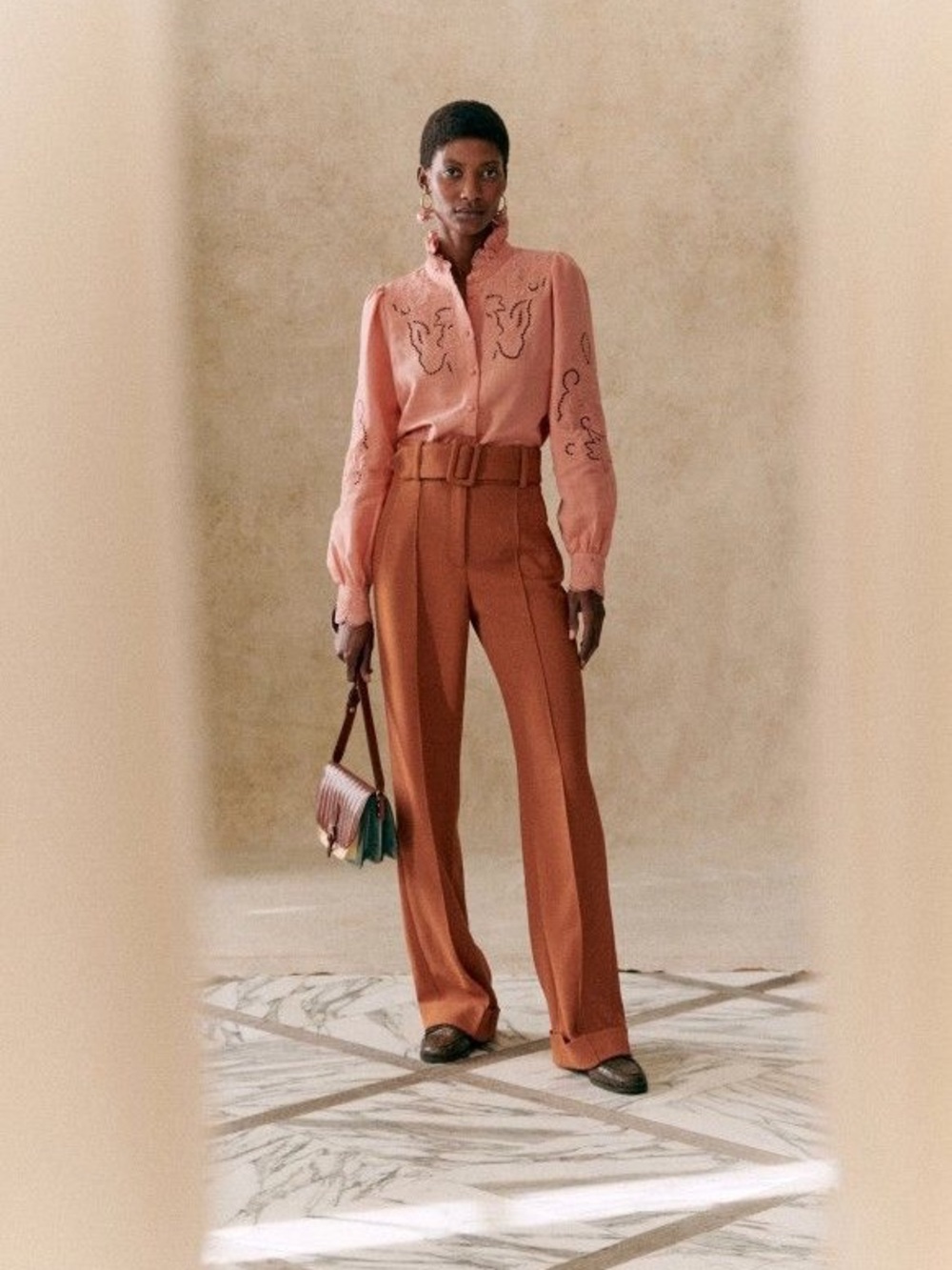 Sezane Pink Blouse with Rust High-Waist Trousers